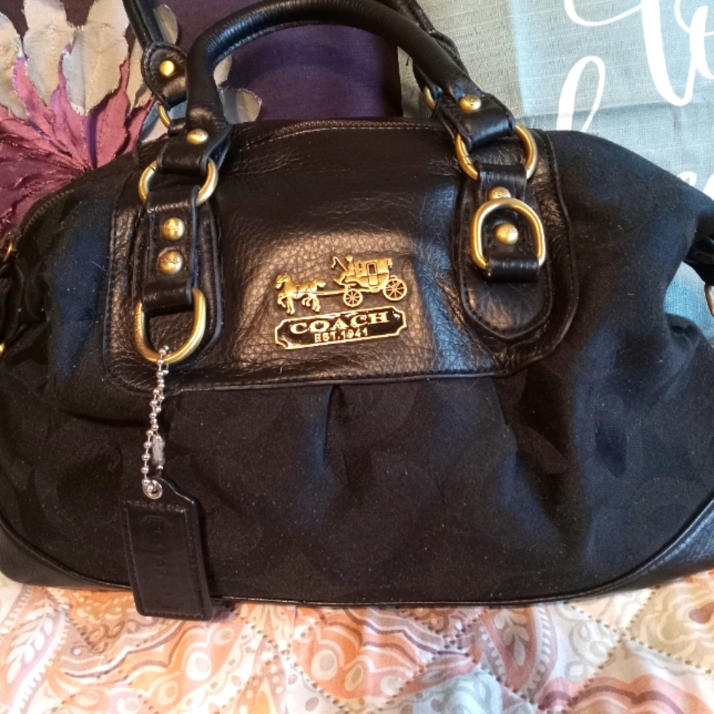 Genuine Coach vintage black leather and fabric satchel.